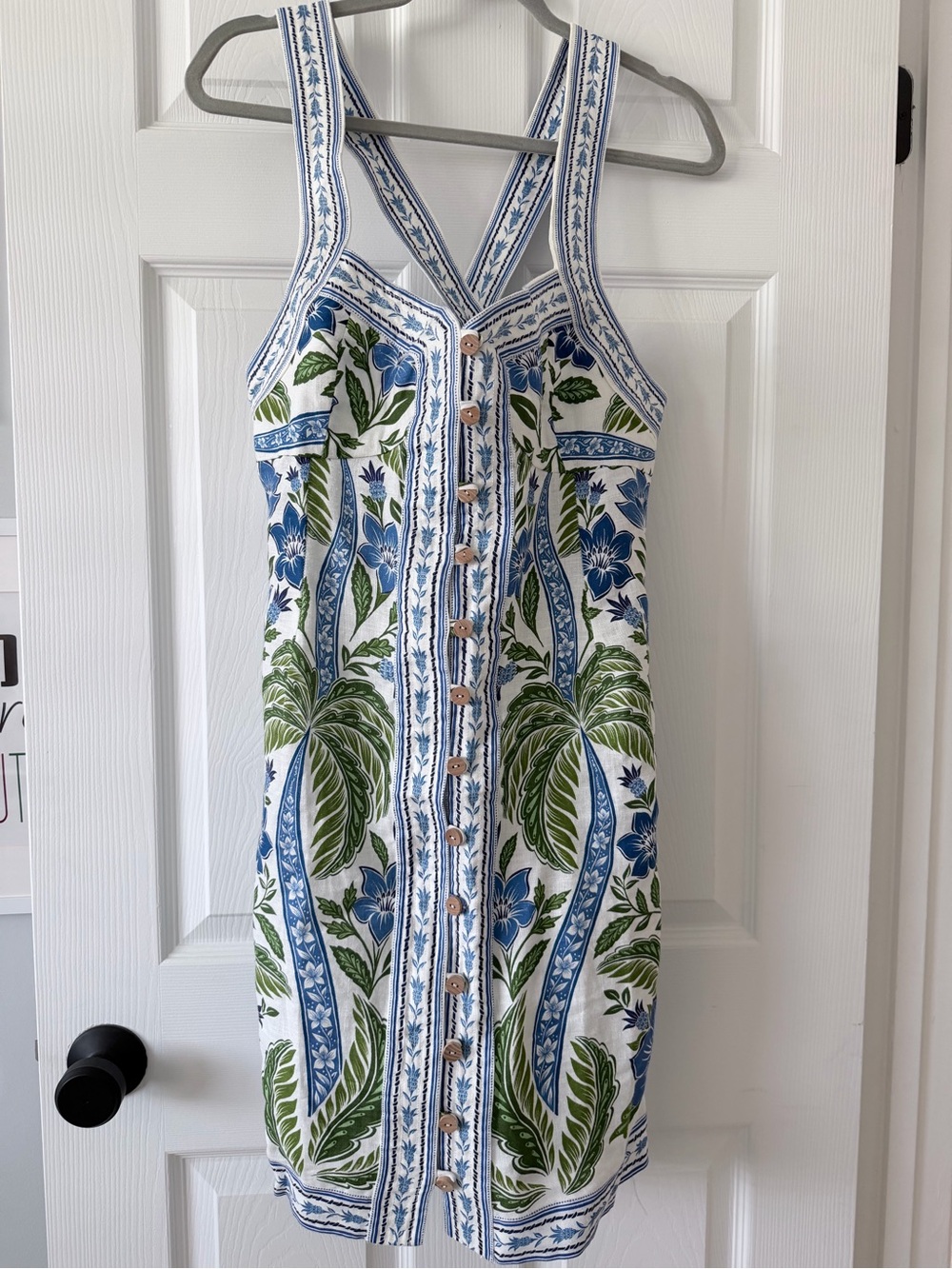 Farm Rio Women’s White Floral Button-Front Sundress with Blue & Green Print NEW